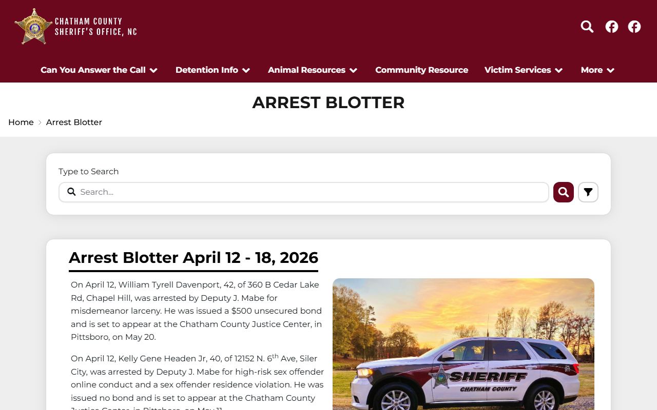 Chatham County arrest records search using the Sheriff's arrest blotter