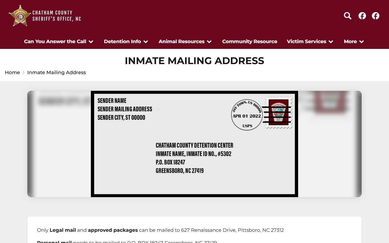 Chatham County inmate records mailing address page