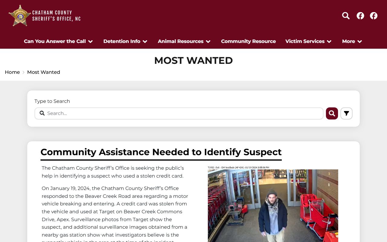 Chatham County warrant search using the Sheriff's Most Wanted page